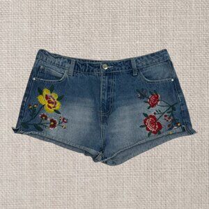 Blu-Pepper Vintage Distressed Floral Embroidered Women's Denim Shorts Size Large